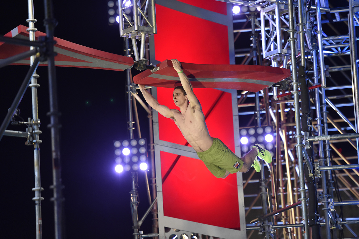 Northeastern student Josh Levin competes on Stage 2 of the American Ninja Warrior season 8 finale in Las Vegas. Photo by David Becker/NBC