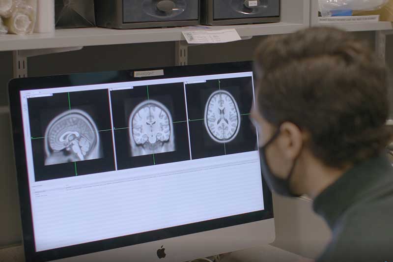 Student looks at brain scans on a computer