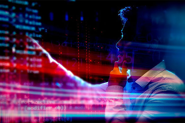 abstract of man pointing to binary code on computer screen